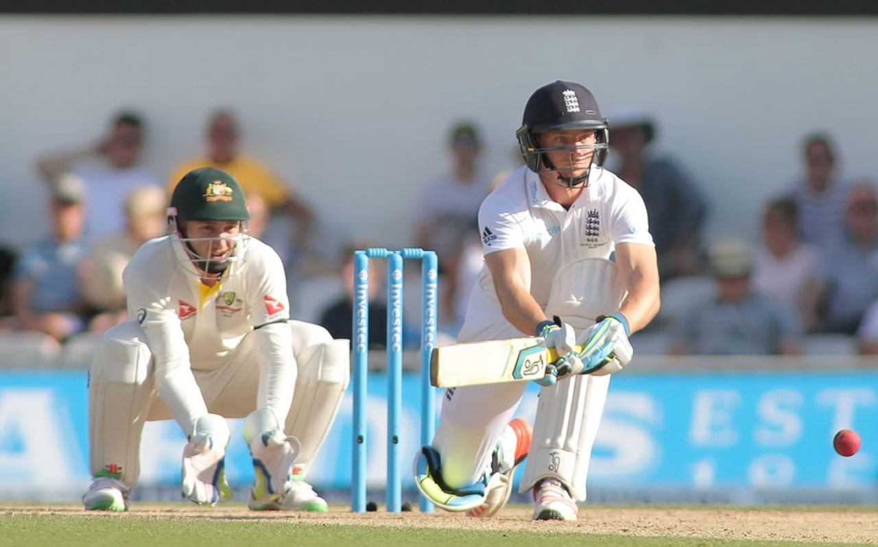 Jos Buttler sweeps Nathan Lyon under the watchful gaze of Peter Nevill, England v Australia, 5th Investec Ashes Test, The Oval, 3rd day, August 22, 2015
