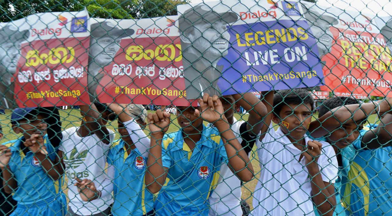 Young fans of Kumar Sangakkara show their support , Sri Lanka v India, 2nd Test, P Sara Oval, Colombo, 4th day, August 23, 2015