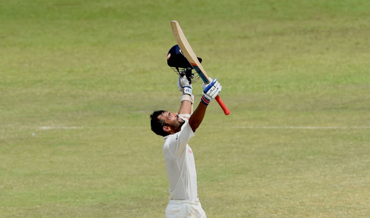 Ajinkya Rahane looks skyward after completing his century, Sri Lanka v India, 2nd Test, P Sara Oval, Colombo, 4th day, August 23, 2015