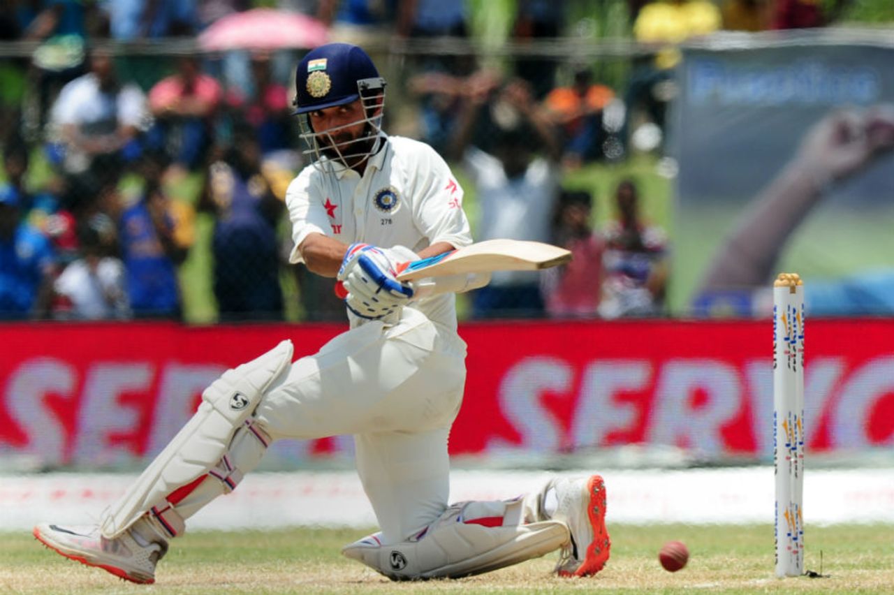 Ajinkya Rahane sweeps, Sri Lanka v India, 2nd Test, P Sara Oval, Colombo, 4th day, August 23, 2015