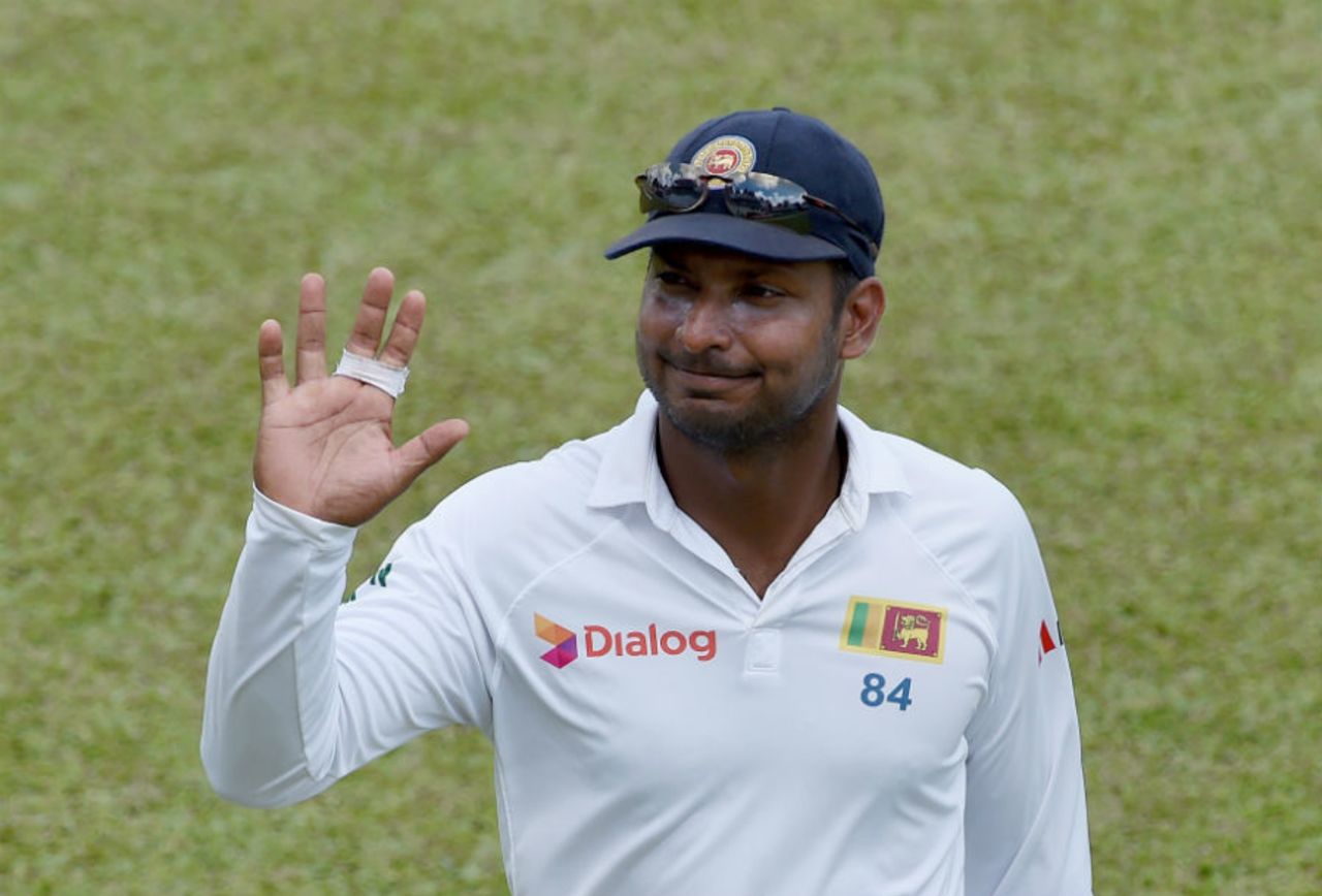 Kumar Sangakkara waves to the crowd while fielding in his final Test, Sri Lanka v India, 2nd Test, P Sara Oval, Colombo, 4th day, August 23, 2015