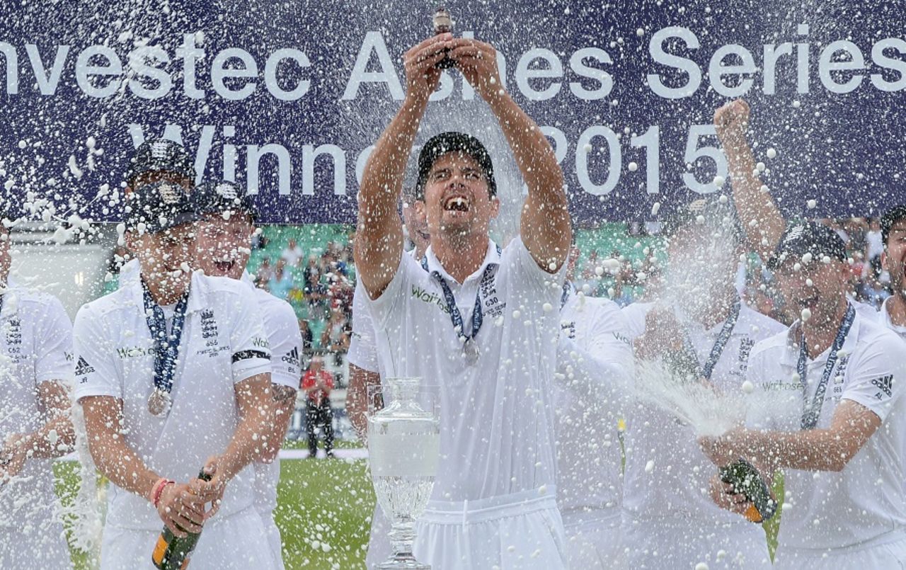 The champagne is corked open as Alastair Cook lifts the Urn, England v Australia, 5th Investec Ashes Test, The Oval, 4th day, August 23, 2015