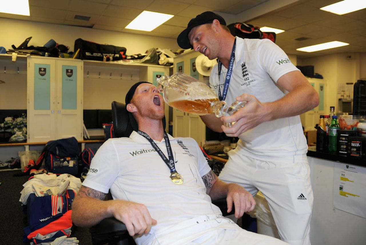 Ben Stokes and Jos Buttler mark England's Ashes success in the dressing room celebrations, England v Australia, 5th Investec Test, The Oval, 4th day, August 23, 2015