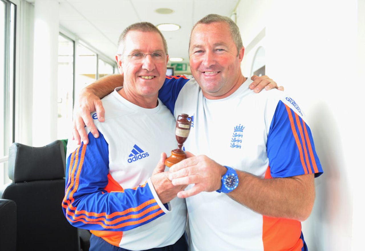 England's new coaching team of Trevor Bayliss (left) and Paul Farbrace show off the Ashes urn at The Oval after the 3-2 series win in the Investec series
