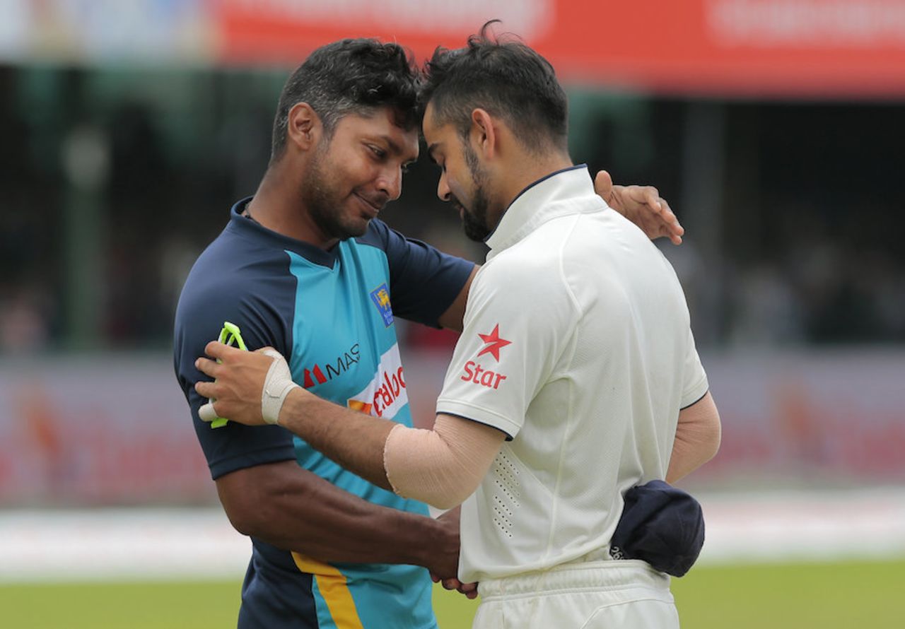 Kumar Sangakkara greets Virat Kohli after the match, Sri Lanka v India, 2nd Test, P Sara Oval, Colombo, 5th day, August 24, 2015