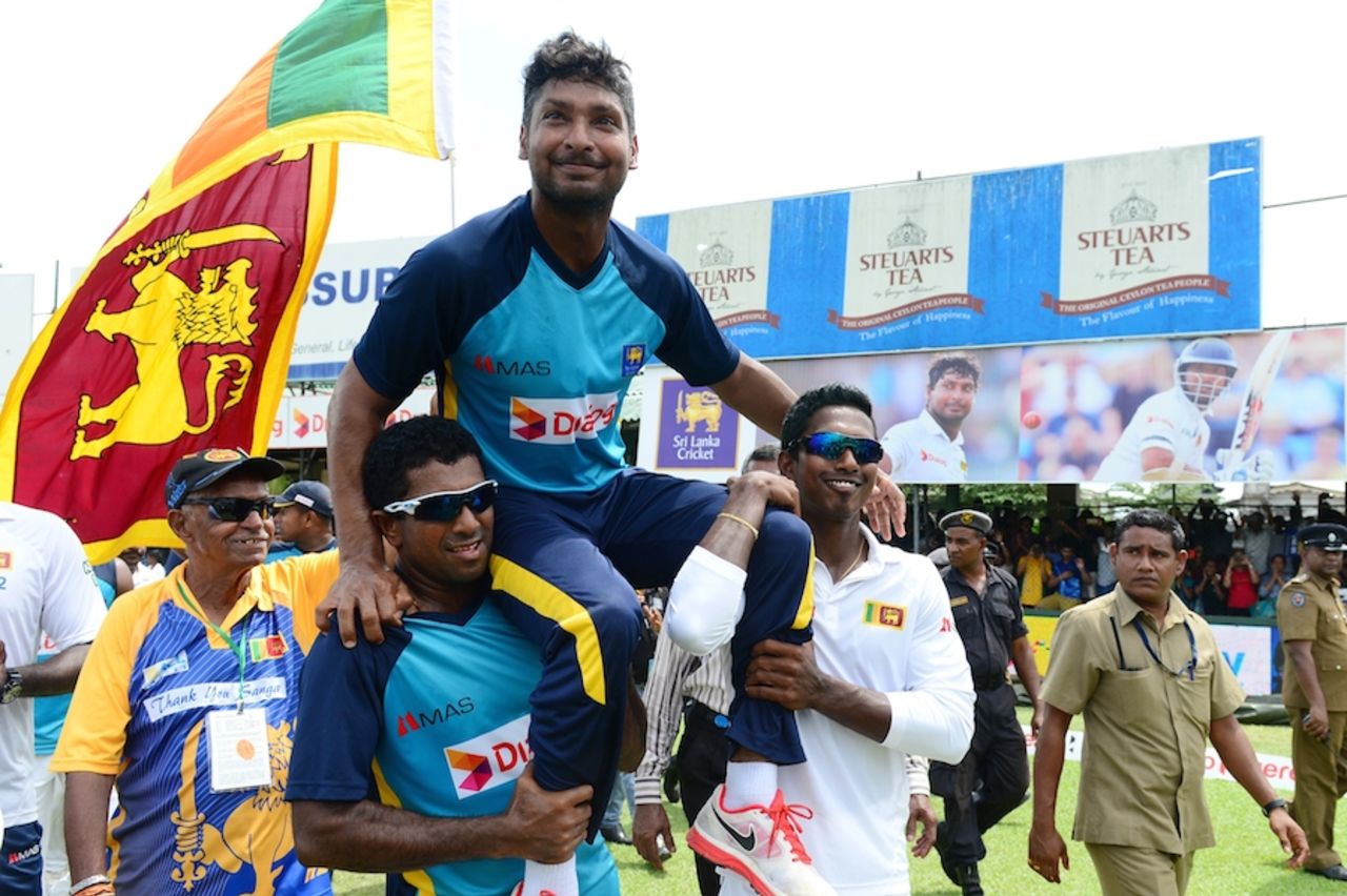 Kumar Sangakkara is carried around the ground by team-mates, Sri Lanka v India, 2nd Test, P Sara Oval, Colombo, 5th day, August 24, 2015