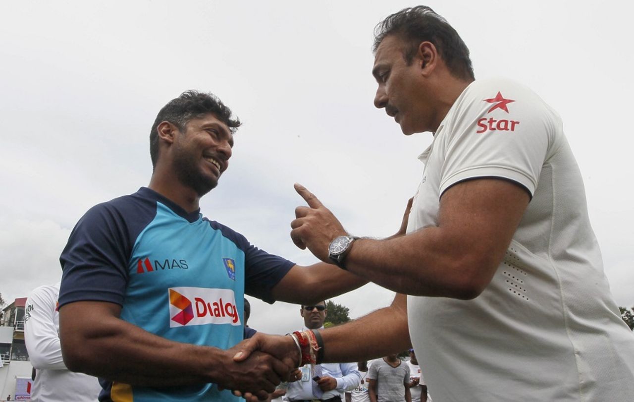 Kumar Sangakkara is congratulated by Ravi Shastri, Sri Lanka v India, 2nd Test, P Sara Oval, Colombo, 5th day, August 24, 2015