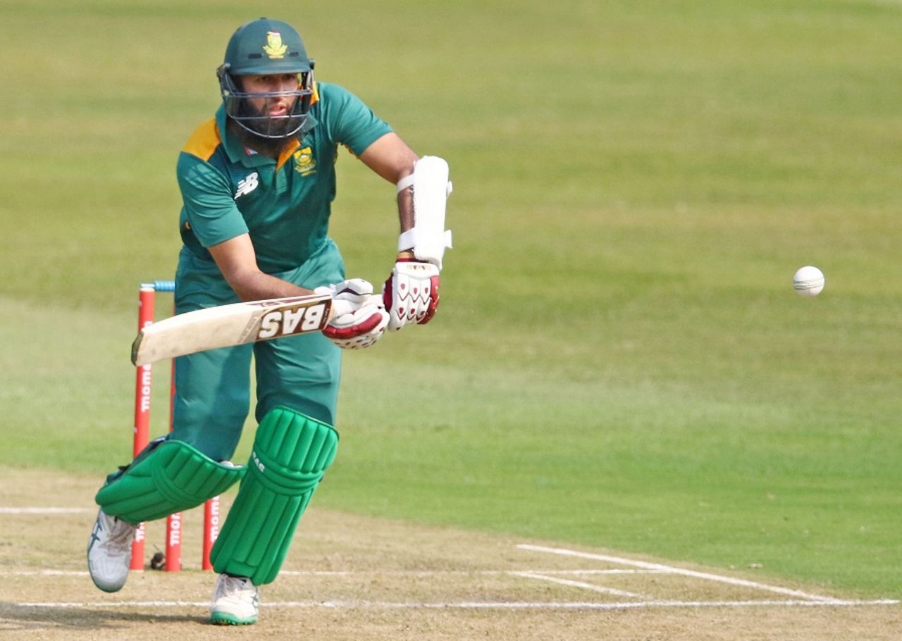 Oh dear: Hashim Amla watches the leading edge that would get him out caught and bowled, South Africa v New Zealand, 3rd ODI, Durban, August 26, 2015