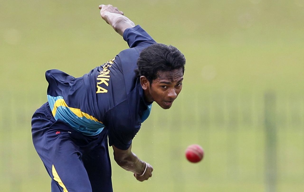 Dushmantha Chameera in action during training, Colombo, August 27, 2015