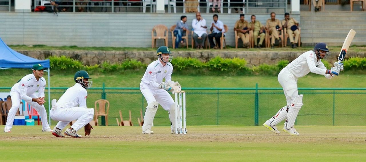 Axar Patel plays the ball down the ground, India A v South Africa A, second unofficial Test, third day, Wayanad, August 27, 2015
