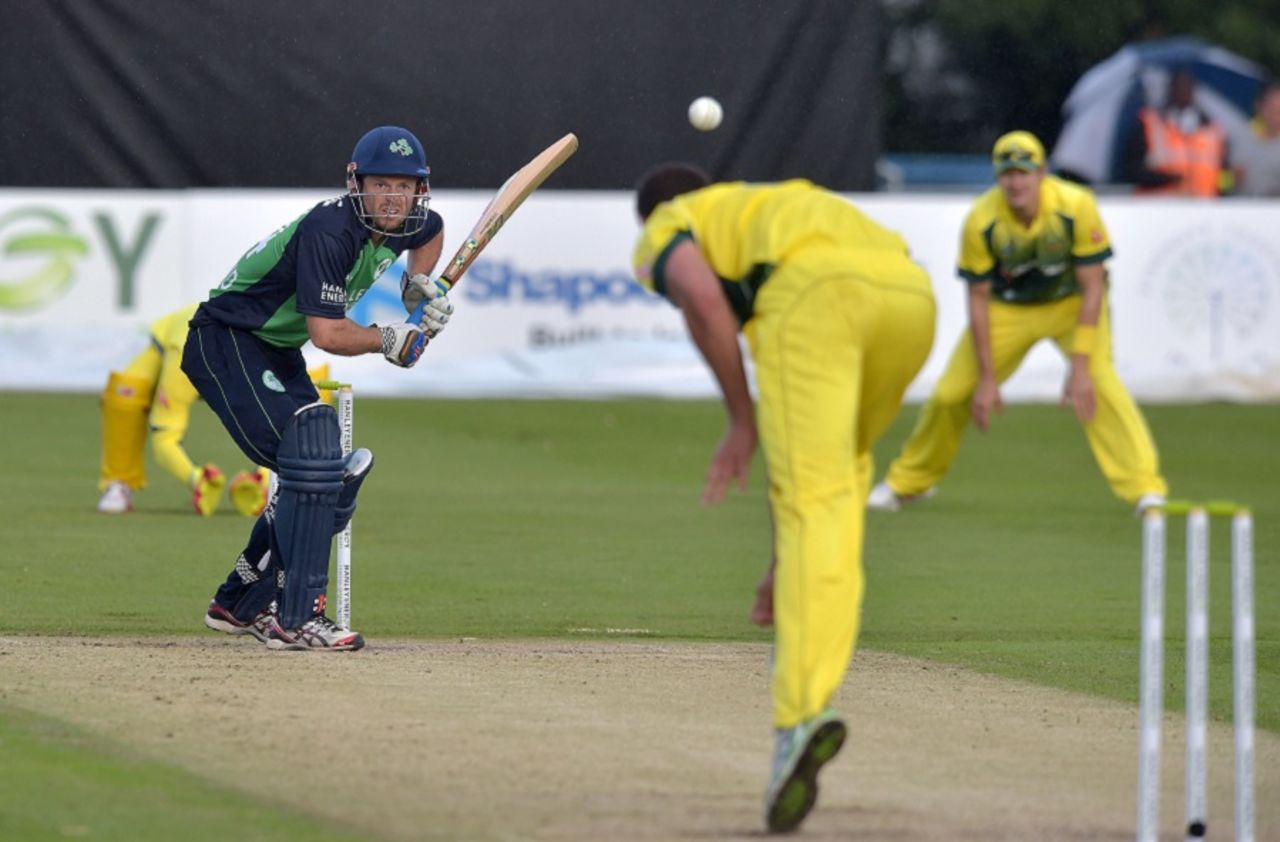 Ed Joyce shapes to play a Nathan Coulter-Nile delivery, Ireland v Australia, Only ODI, Stormont, August 27, 2015