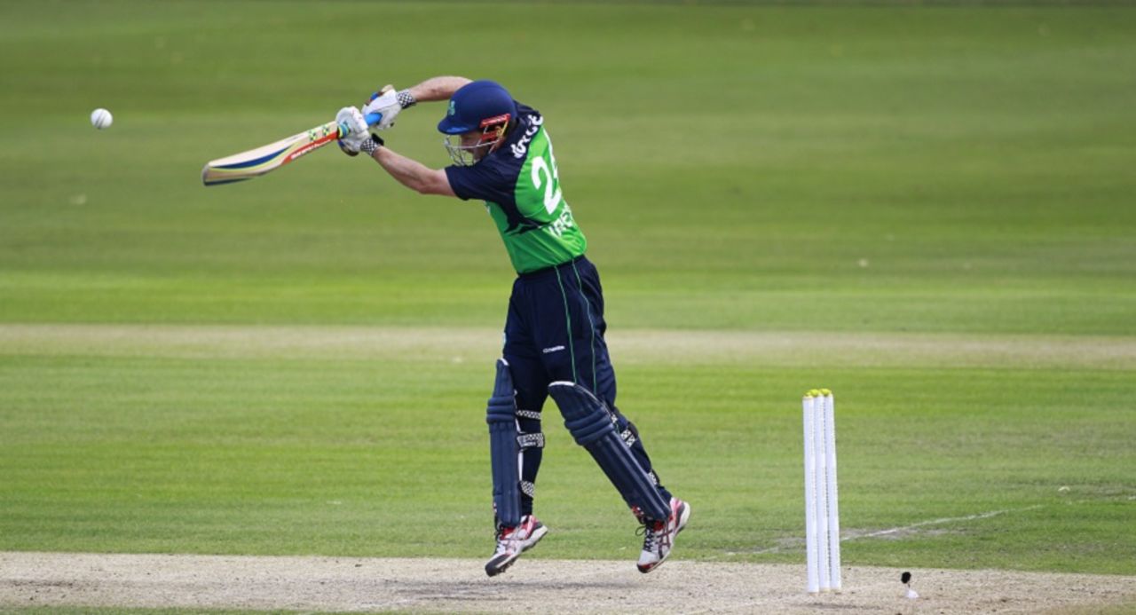 Ed Joyce's feet are off the ground as he shapes to play a shot, Ireland v Australia, Only ODI, Stormont, August 27, 2015