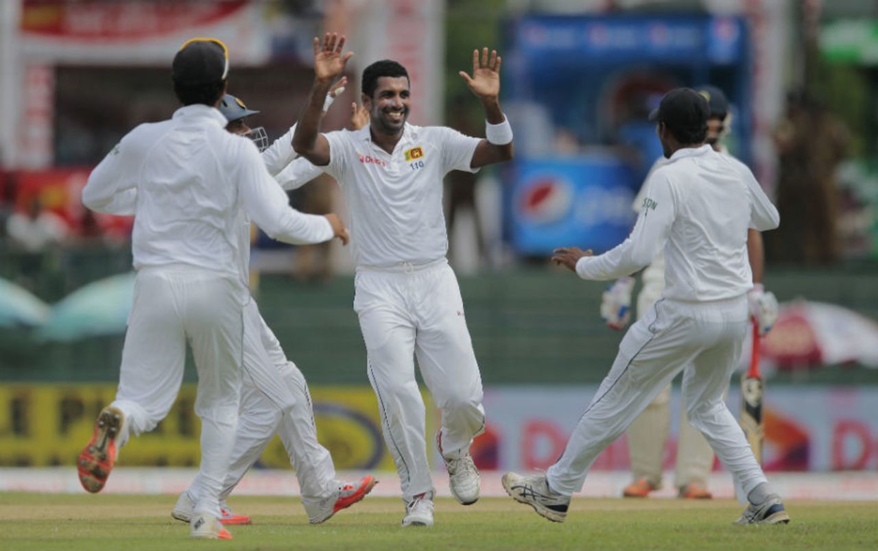 Dhammika Prasad celebrates the wicket of  KL Rahul, Sri Lanka v India, 3rd Test, SSC, Colombo, 1st day, August 28, 2015
