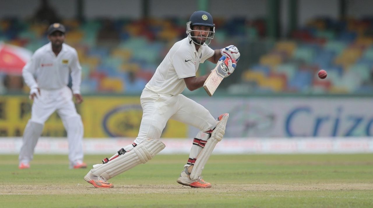 Cheteshwar Pujara strokes the ball through the off side, Sri Lanka v India, 3rd Test, SSC, Colombo, 1st day, August 28, 2015