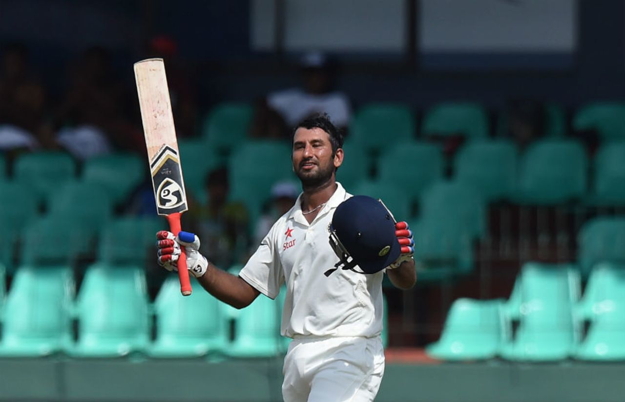 Cheteshwar Pujara acknowledges the applause after making hundred, Sri Lanka v India, 3rd Test, SSC, Colombo, 2nd day, August 29, 2015