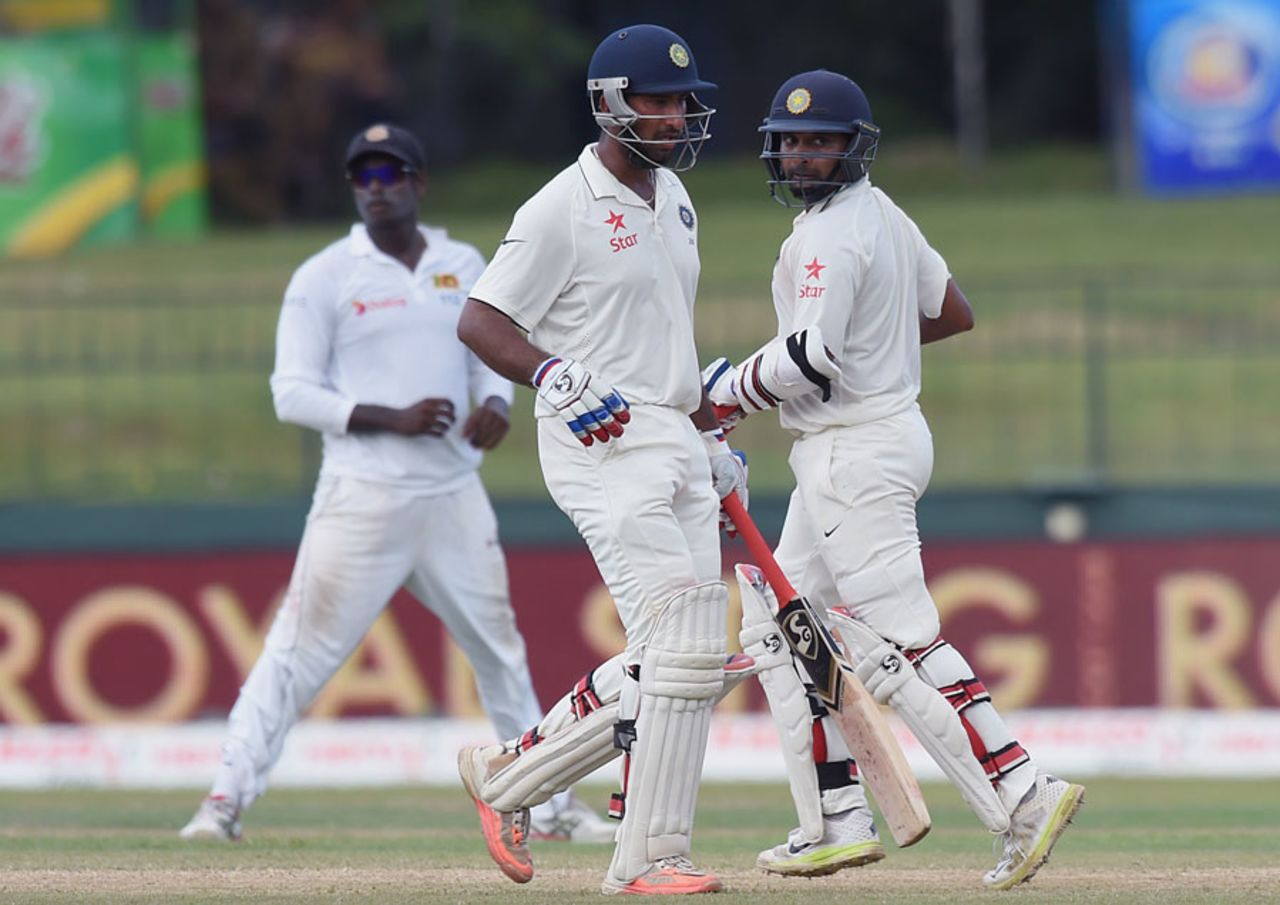 Cheteshwar Pujara and Amit Mishra shared a 104-run eighth-wicket stand, Sri Lanka v India, 3rd Test, SSC, Colombo, 2nd day, August 29, 2015
