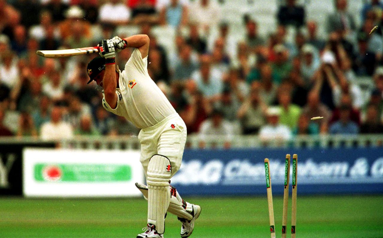 Michael Slater is bowled by Darren Gough for 77, England v Australia, 1st Test, Edgbaston, 2nd day, July 6, 2001