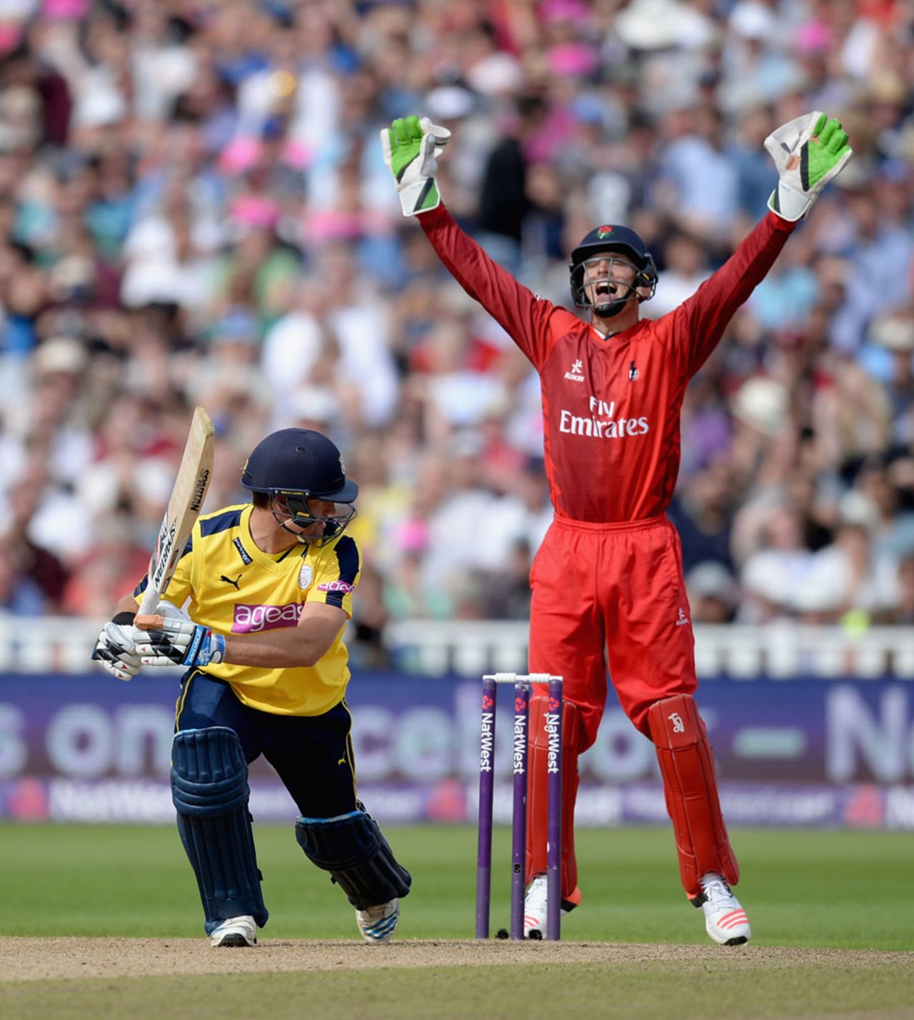 Lancashire keeper Jos Buttler successfully appeals for the wicket of Sean Ervine, Hampshire v Lancashire, NatWest T20 Blast, Semi-final, Edgbaston, August 29, 2015