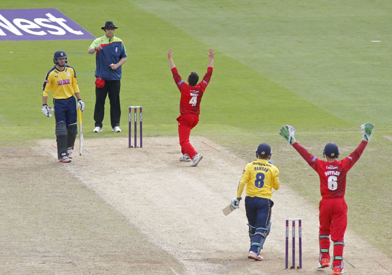 Stephen Parry celebrates the wicket of the wicket of Liam Dawson as Hampshire stumbled to 115, Hampshire v Lancashire, NatWest T20 Blast, Semi-final, Edgbaston, August 29, 2015