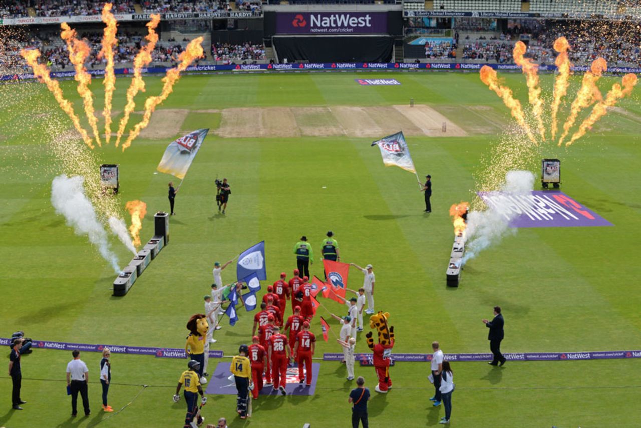 The players enter the field ahead of the second semi-final, Hampshire v Lancashire, NatWest T20 Blast, Semi-final, Edgbaston, August 29, 2015