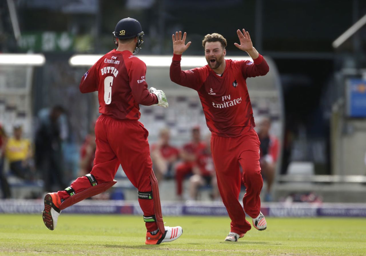 Jos Buttler and Arron Lilley celebrate one of the spinner's two scalps, Hampshire v Lancashire, NatWest T20 Blast, Semi-final, Edgbaston, August 29, 2015