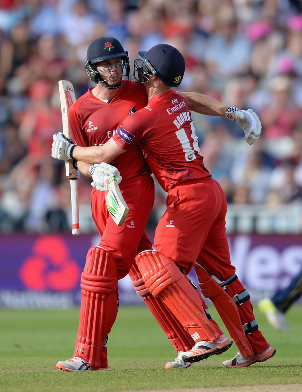 James Faulkner celebrates with Karl Brown after the Australian thumped two sixes to seal Lancashire's place in the final, Hampshire v Lancashire, NatWest T20 Blast, Semi-final, Edgbaston, August 29, 2015