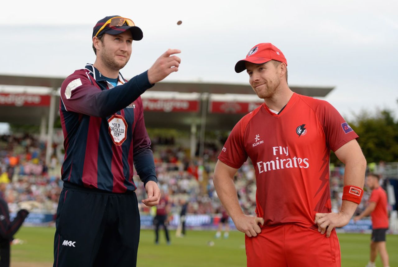 Northamptonshire's Alex Wakley and Steven Croft of Lancashire toss the coin ahead of the Final, Northamptonshire v Lancashire, NatWest T20 Blast, Final, Edgbaston, August 29, 2015