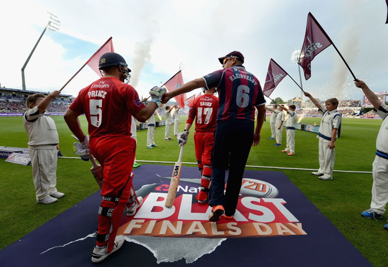 South Africans Ashwell Prince and Rory Kleinveldt bump fists as the Final begins, Northamptonshire v Lancashire, NatWest T20 Blast, Final, Edgbaston, August 29, 2015