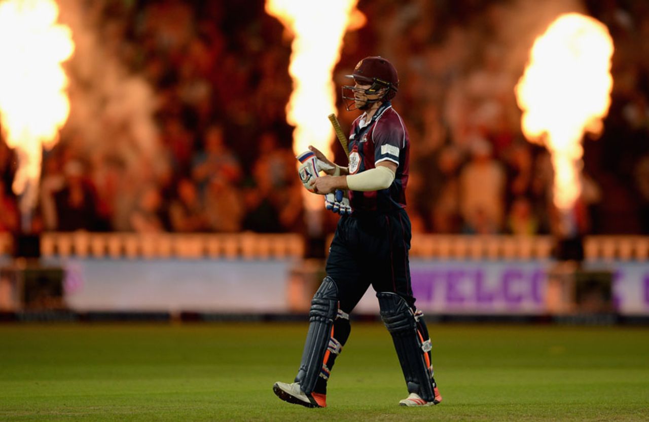 David Willey leaves the field after being dismissed by James Faulkner, Northamptonshire v Lancashire, NatWest T20 Blast, Final, Edgbaston, August 29, 2015
