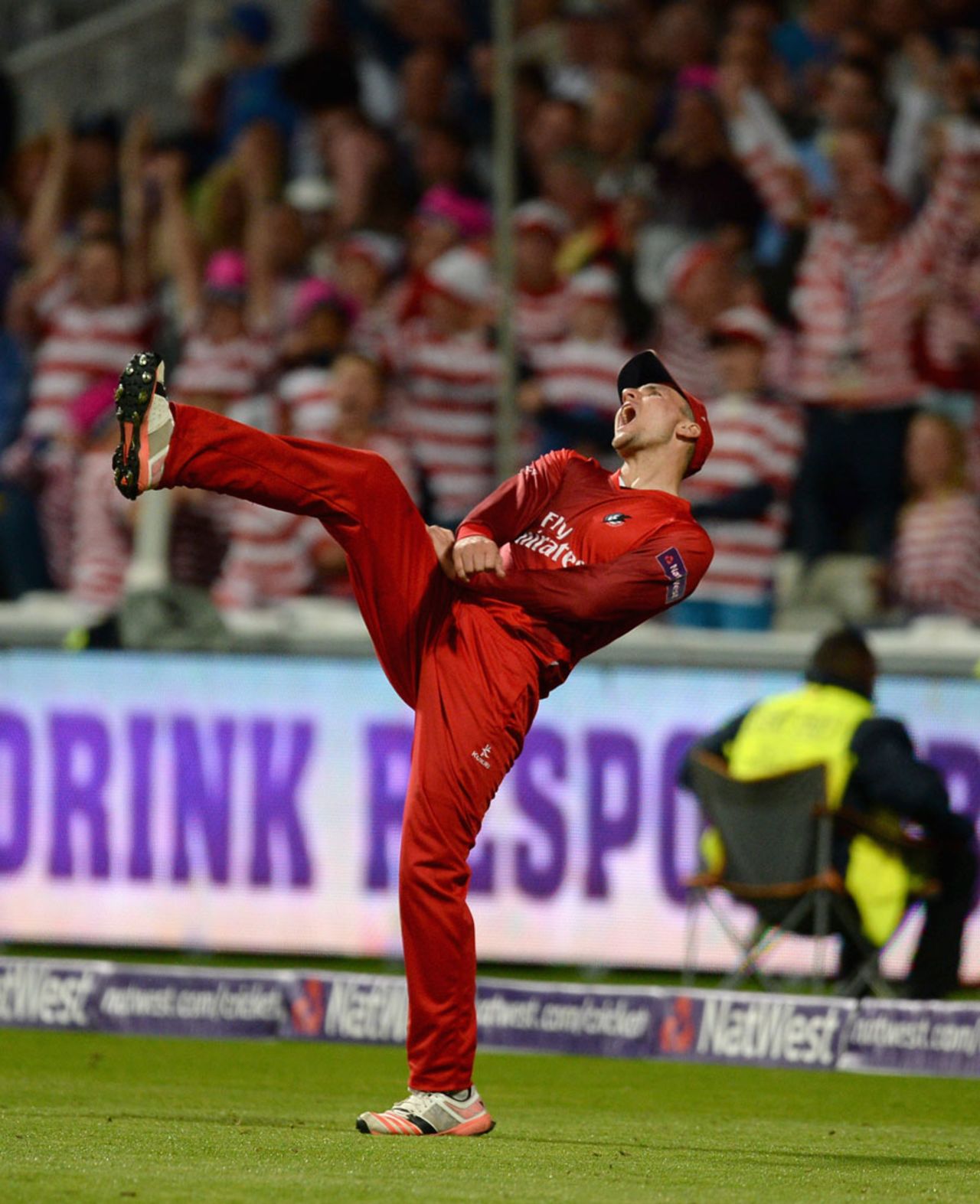 Liam Livingstone celebrates taking a catch in the deep to dismiss Shahid Afridi, Northamptonshire v Lancashire, NatWest T20 Blast, Final, Edgbaston, August 29, 2015
