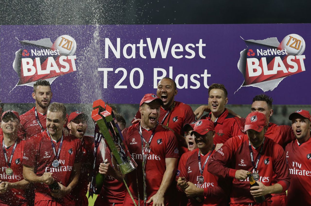 Steven Croft receives the NatWest Blast trophy, Northamptonshire v Lancashire, NatWest T20 Blast, Final, Edgbaston, August 29, 2015