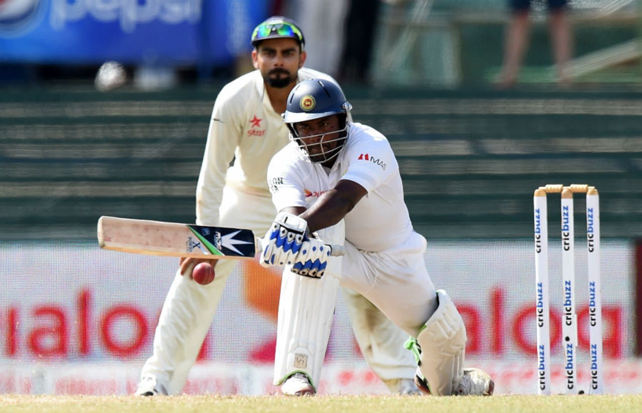Rangana Herath reaches out to play a reverse sweep, Sri Lanka v India, 3rd Test, SSC, Colombo, 3rd day, August 30, 2015