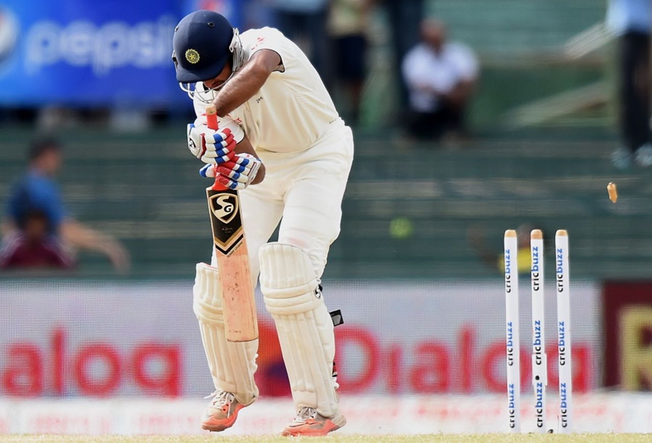 Cheteshwar Pujara was bowled for a two-ball duck, Sri Lanka v India, 3rd Test, SSC, Colombo, 3rd day, August 30, 2015
