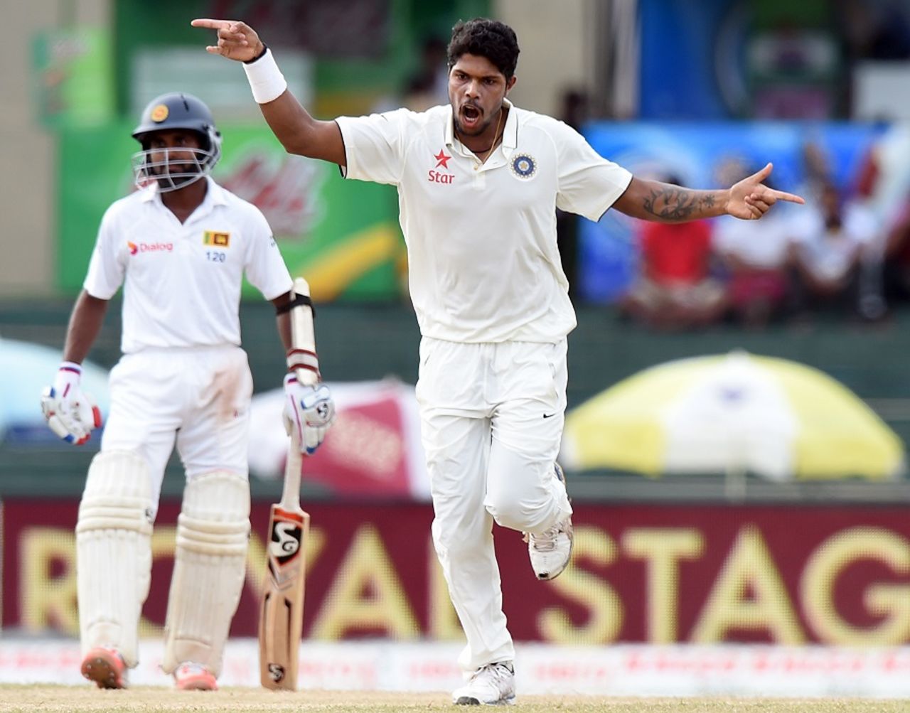 Umesh Yadav celebrates the wicket of Dimuth Karunaratne , Sri Lanka v India, 3rd Test, SSC, Colombo, 4th day, August 31, 2015