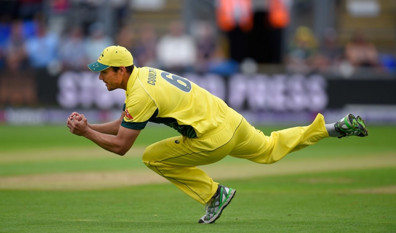 Nathan Coulter-Nile holds on to a catch offered by Jason Roy, England v Australia, only T20, Cardiff, August 31, 2015