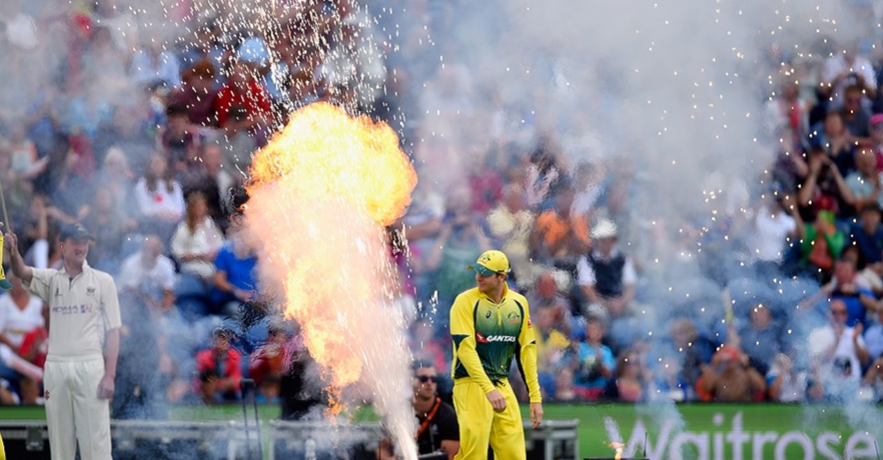 Steven Smith walks past the fireworks, England v Australia, only T20, Cardiff, August 31, 2015