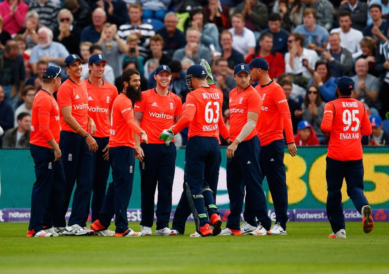 Ben Stokes is mobbed by his team-mates after taking a terrific catch, England v Australia, only T20, Cardiff, August 31, 2015