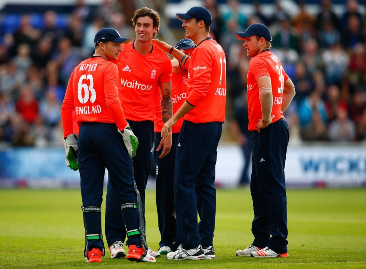Reece Topley is congratulated on his maiden international wicket,  England v Australia, only T20, Cardiff, August 31, 2015