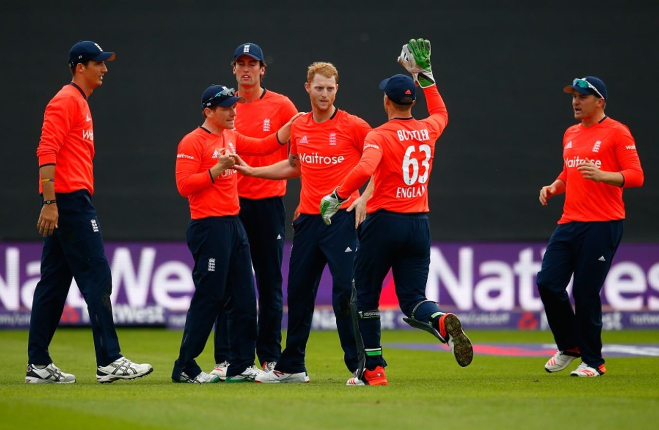 Ben Stokes celebrates after a tight last over, England v Australia, only T20, Cardiff, August 31, 2015