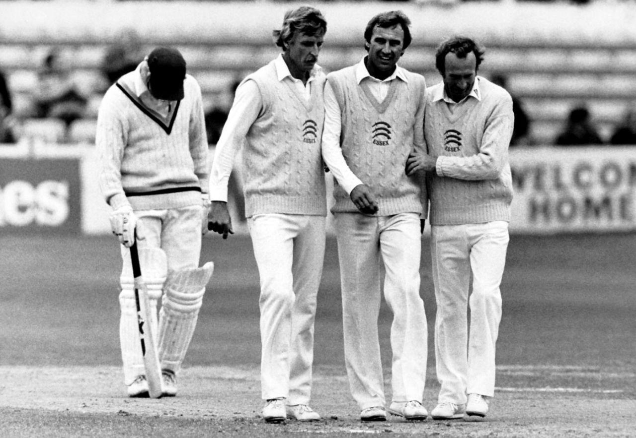 Stuart Turner, John Lever and Keith Fletcher leave the field at the end of the match, Essex v Yorkshire, County Championship, Chelmsford, 3rd day, September 13, 1983