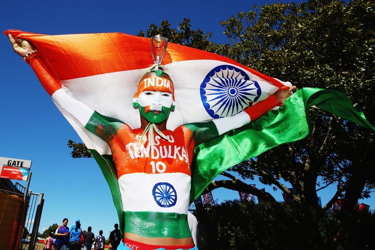 Sudhir Gautam, the Indian fan, waves the tricolour, Hamilton, March 10, 2015