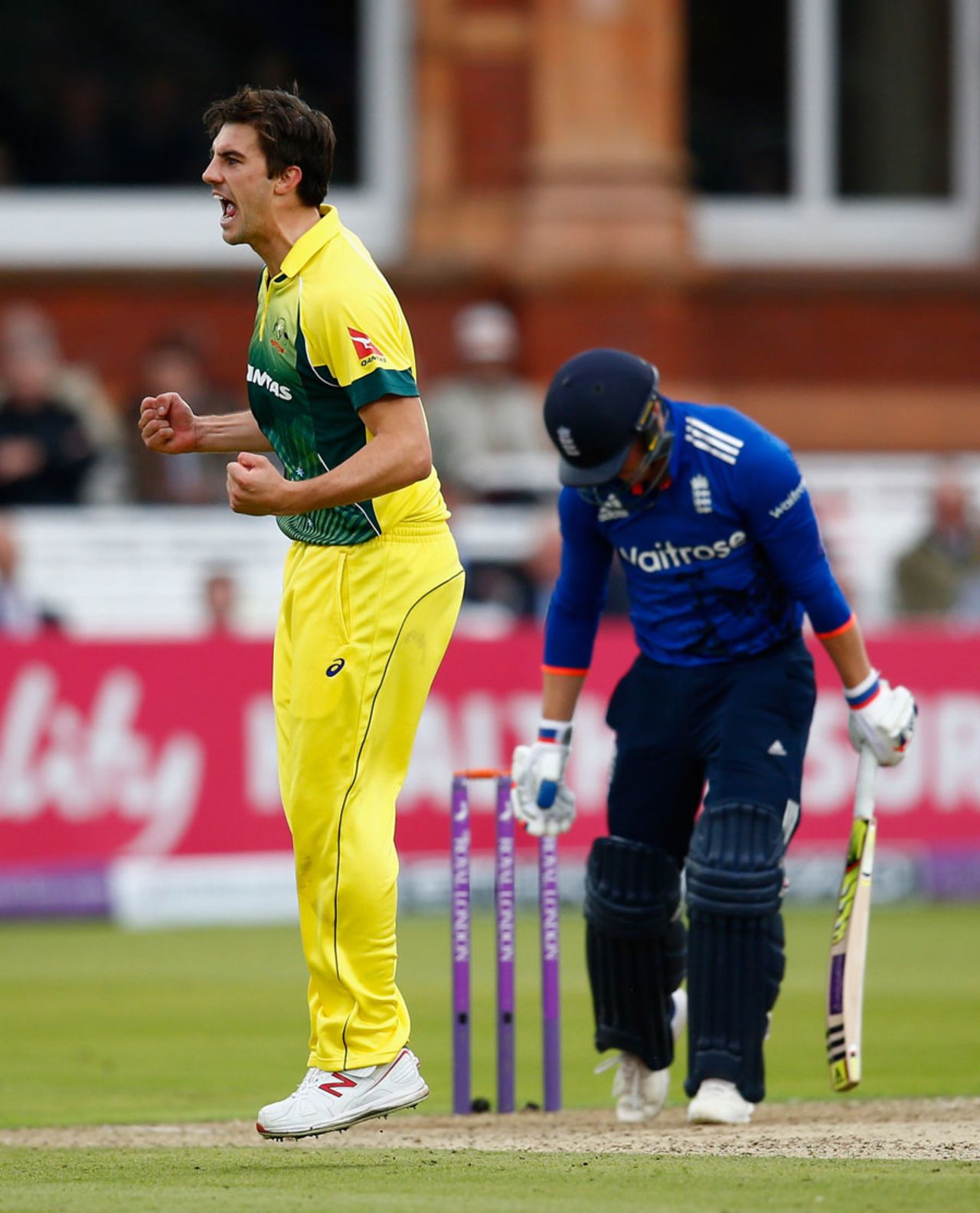 Pat Cummins exults after taking the wicket of Jason Roy, England v Australia, 2nd ODI, Lord's, September 5, 2015