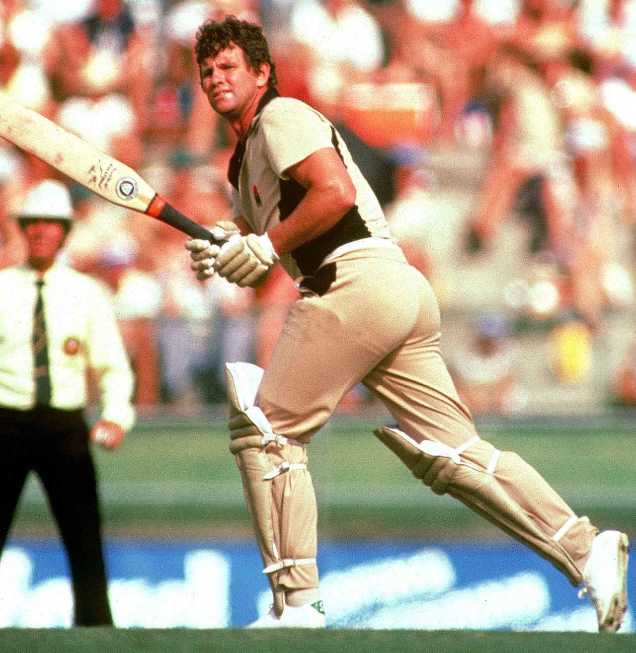 Lance Cairns uses the Excalibur bat during a one-day international, 1983
