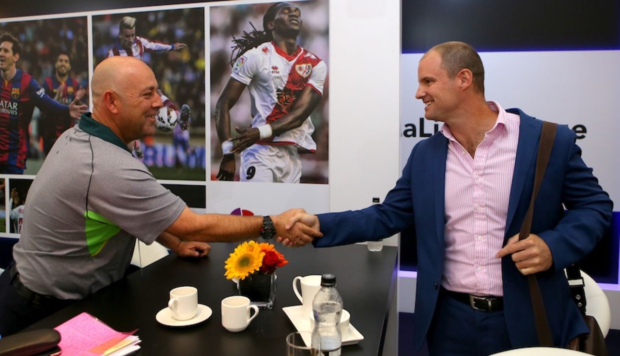 Darren Lehmann and Andrew Strauss shake hands at an event in Manchester, September 7, 2015