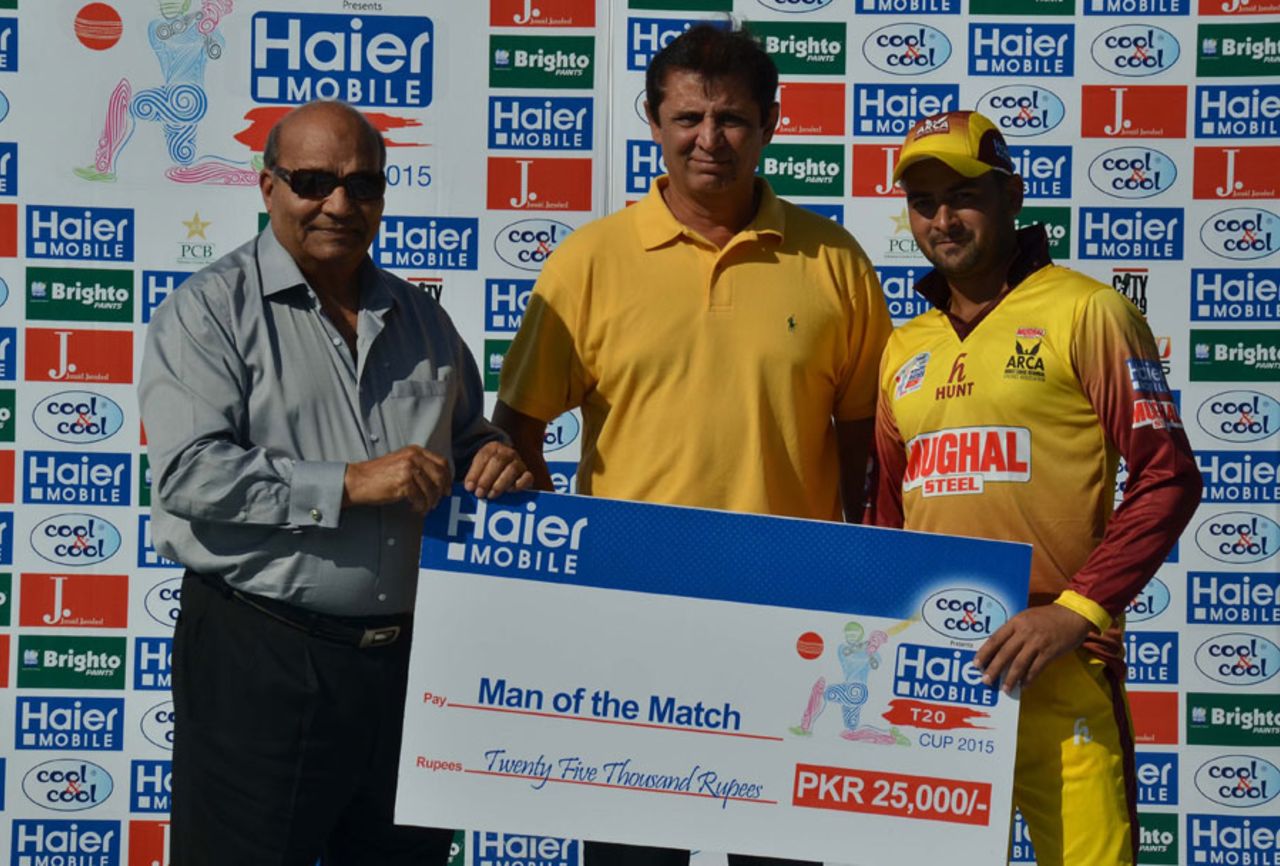 Khalid Usman was awarded the Man of the Match for his five-wicket haul, Abbottabad Region v Lahore Region Whites, Haier Mobile T-20 Cup, Group B, Rawalpindi, September 9, 2015