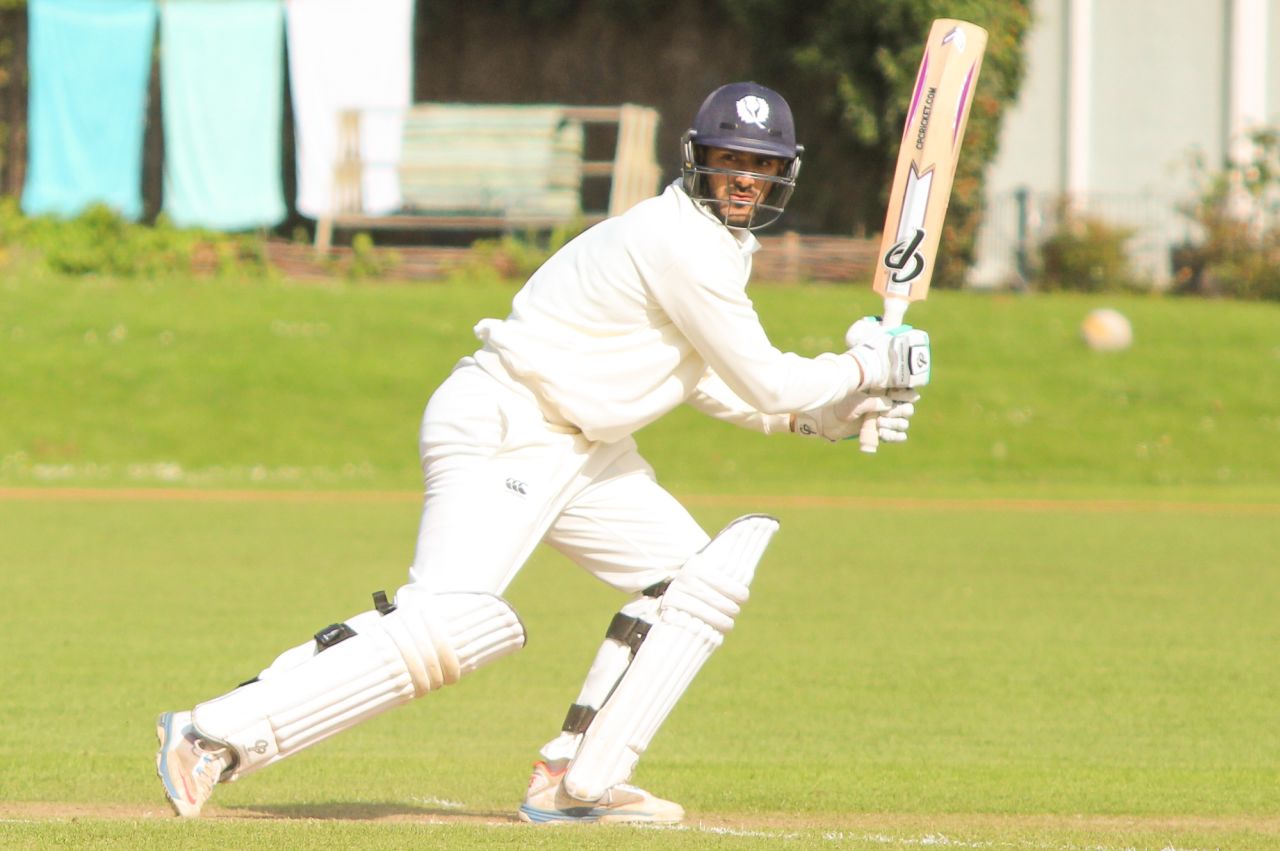 Safyaan Sharif drives behind square for one of his four boundaries, Netherlands v Scotland, Day 3, Intercontinental Cup, 2nd round, The Hague, September 10, 2015