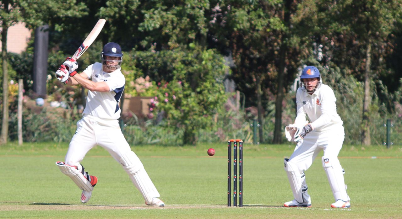 Rob Taylor punches through the off side on his way to a top score of 46, Netherlands v Scotland, Day 3, Intercontinental Cup, 2nd round, The Hague, September 10, 2015