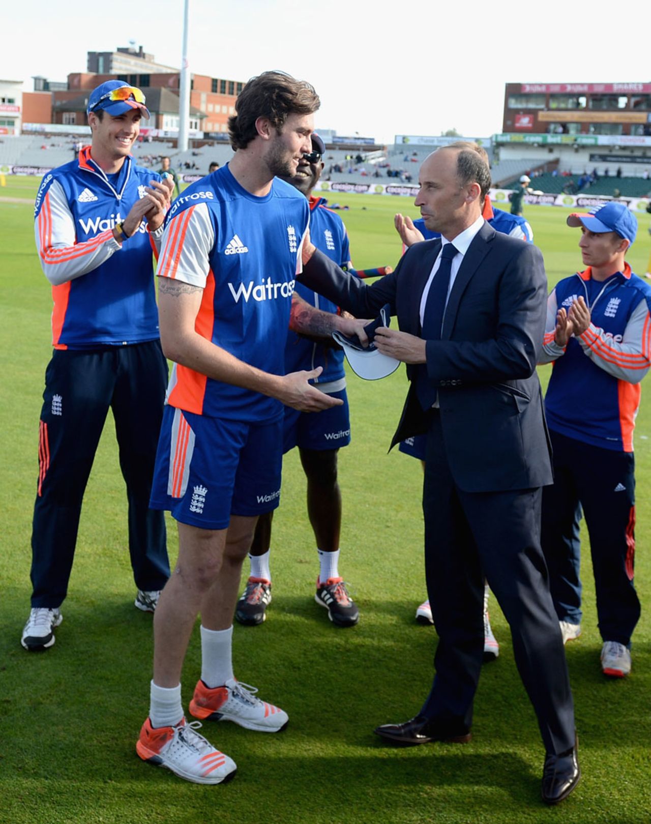 Reece Topley receives his ODI cap from Nasser Hussain, England v Australia, 5th ODI, Old Trafford, September 13, 2015