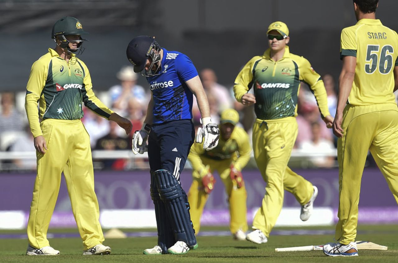 The Australia players were quick to check on Eoin Morgan, England v Australia, 5th ODI, Old Trafford, September 13, 2015