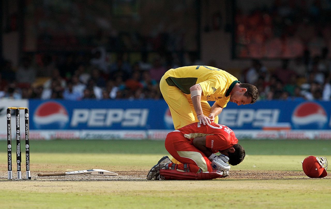 Shaun Tait is concerned after Zubin Surkari was struck by a delivery , Australia v Canada, Group A, World Cup, Bangalore, March 16, 2011